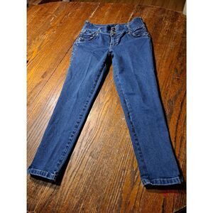 Sz 11 Eufforia Colombiano 3 Button Skinny Zip Ankle Denim Blue Jeans Gold Detail